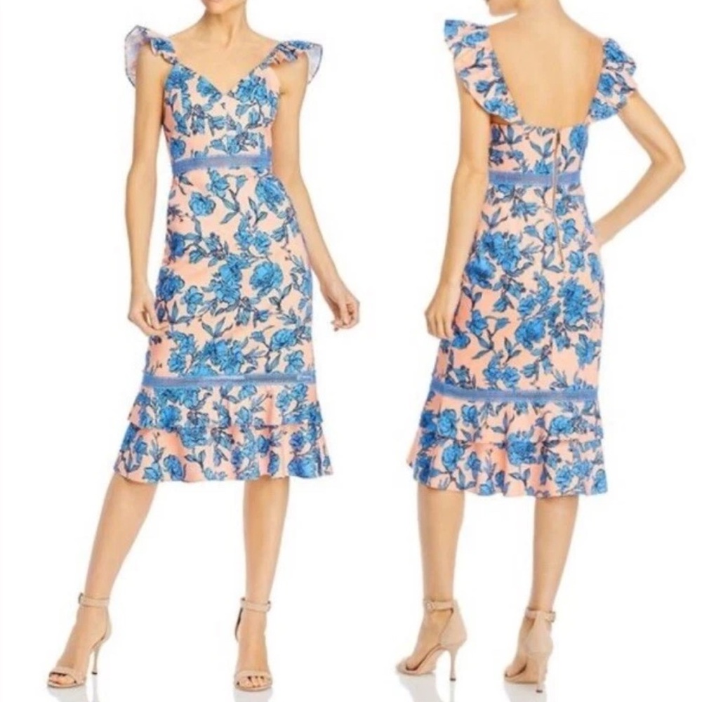 ALICE + OLIVIA Jade Ruffle-Trim Floral Stretch Cotton Midi Dress